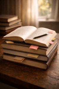 Stack of books with an open annotated page showing behind the scenes editing
