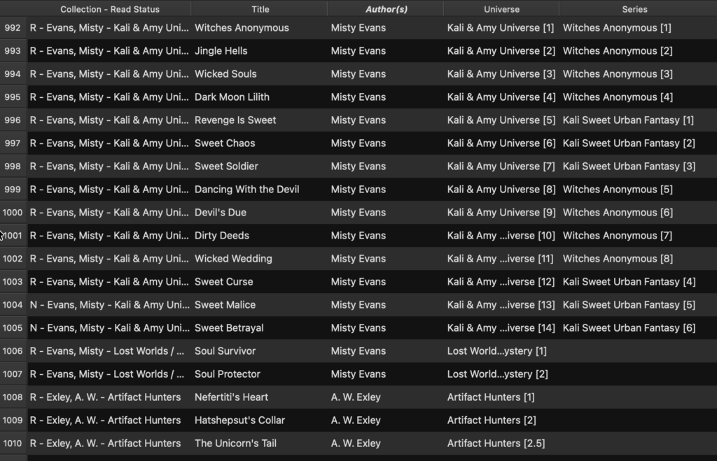 Calibre library view showing unread and read books grouped by universe with custom columns