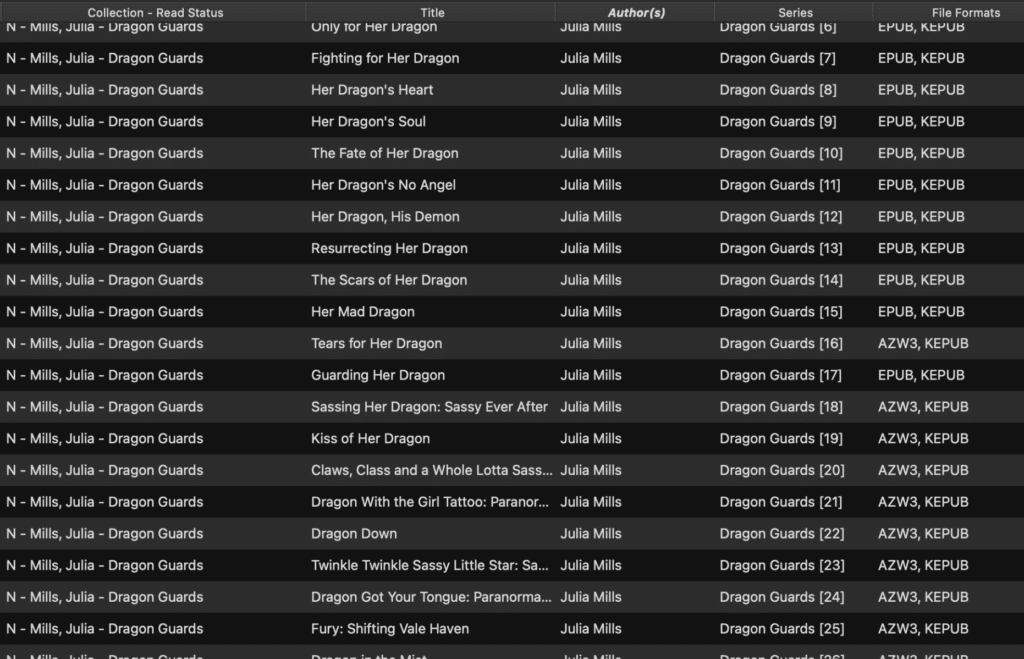 Calibre library showing Julia Mills DragonGuard series with EPUB and AZW3 formats converted to KEPUB for Kobo