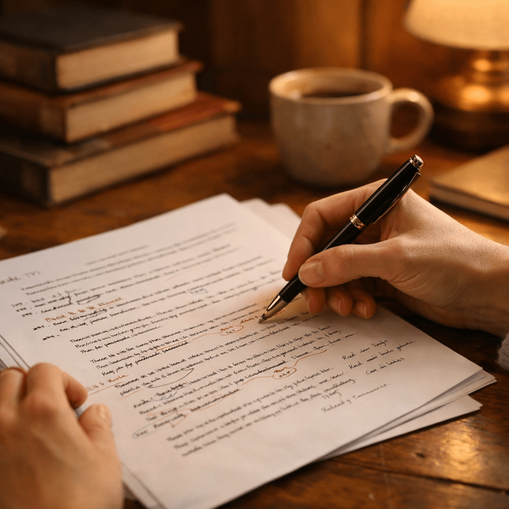Editor marking up a manuscript by hand on a cozy wooden desk with books and warm light