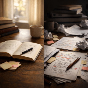 Clean reading space beside cluttered desk showing contrast between smooth and difficult reading