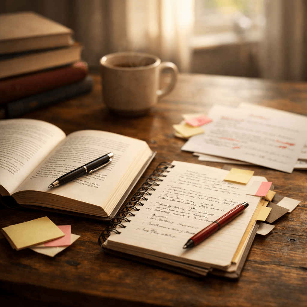 Clean reading space beside cluttered desk showing contrast between smooth and difficult reading