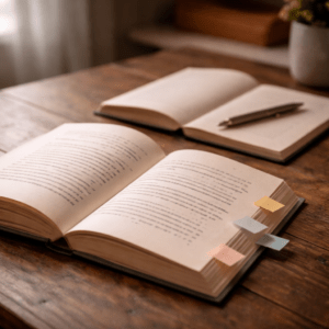 Open book with subtle notes and a notebook beside it showing behind the scenes editing work
