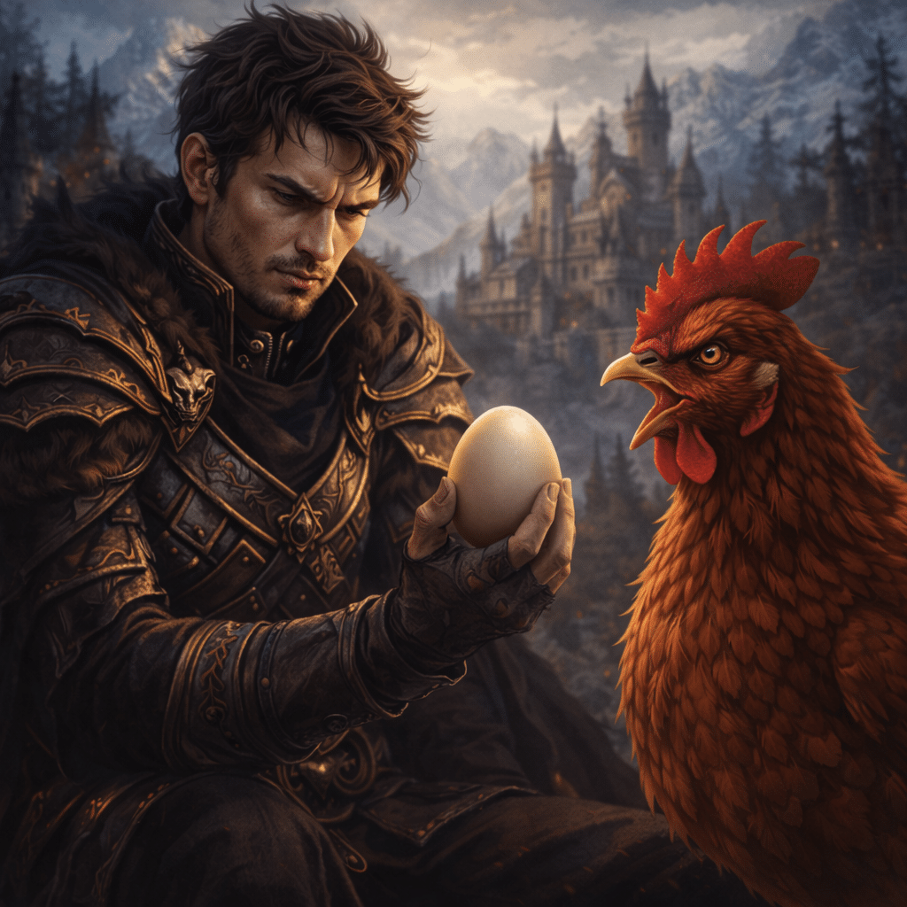 Brooding Fantasy Hero With an Angry Chicken and an EggBrooding fantasy man in leather armor holding an egg while a chicken stands beside him