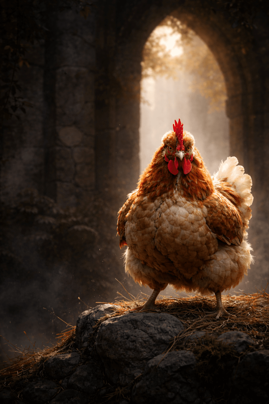 Grumpy hen posed like a fantasy romance hero, standing proudly in dramatic lighting with puffed feathers