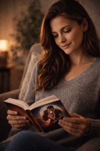 Woman reading in an armchair with a book with a visible cover in a softly lit room