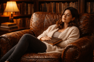 Woman resting peacefully in a leather armchair with a closed book in a warm library