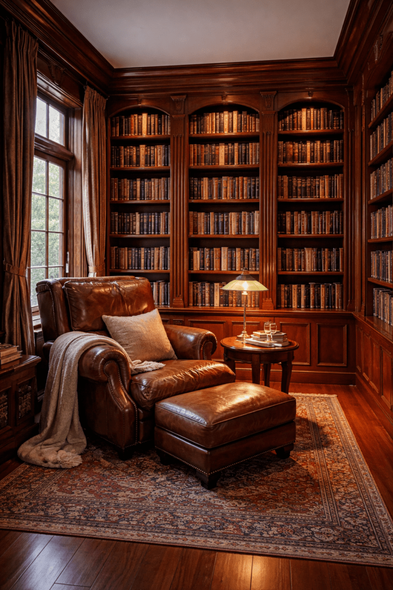 Cherry wood home library with floor to ceiling bookshelves and an oversized leather reading chair