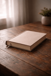 Closed book resting in soft natural light representing reflection after reading