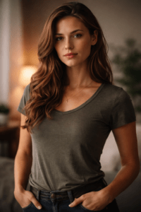 Confident woman standing with calm, grounded posture and direct gaze