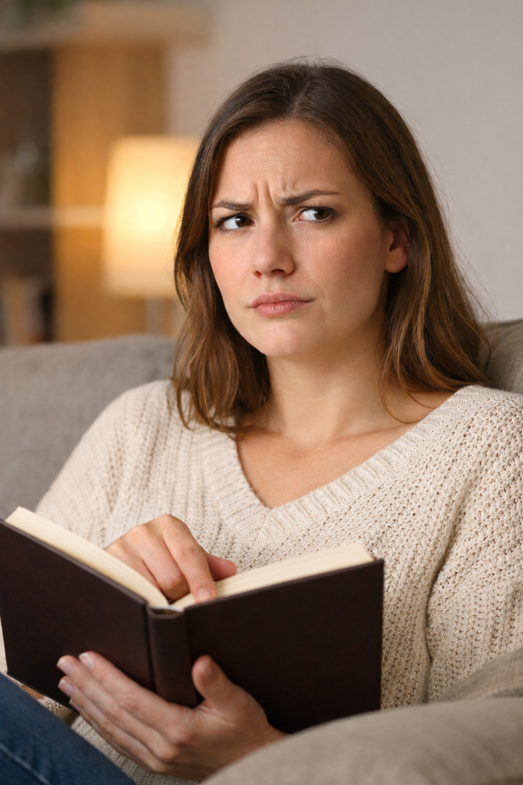 Woman sitting on a couch holding a closed book cover while looking confused during a reading pause