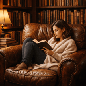 Woman reading a book in a warm, cozy library while curled up in an oversized leather armchair