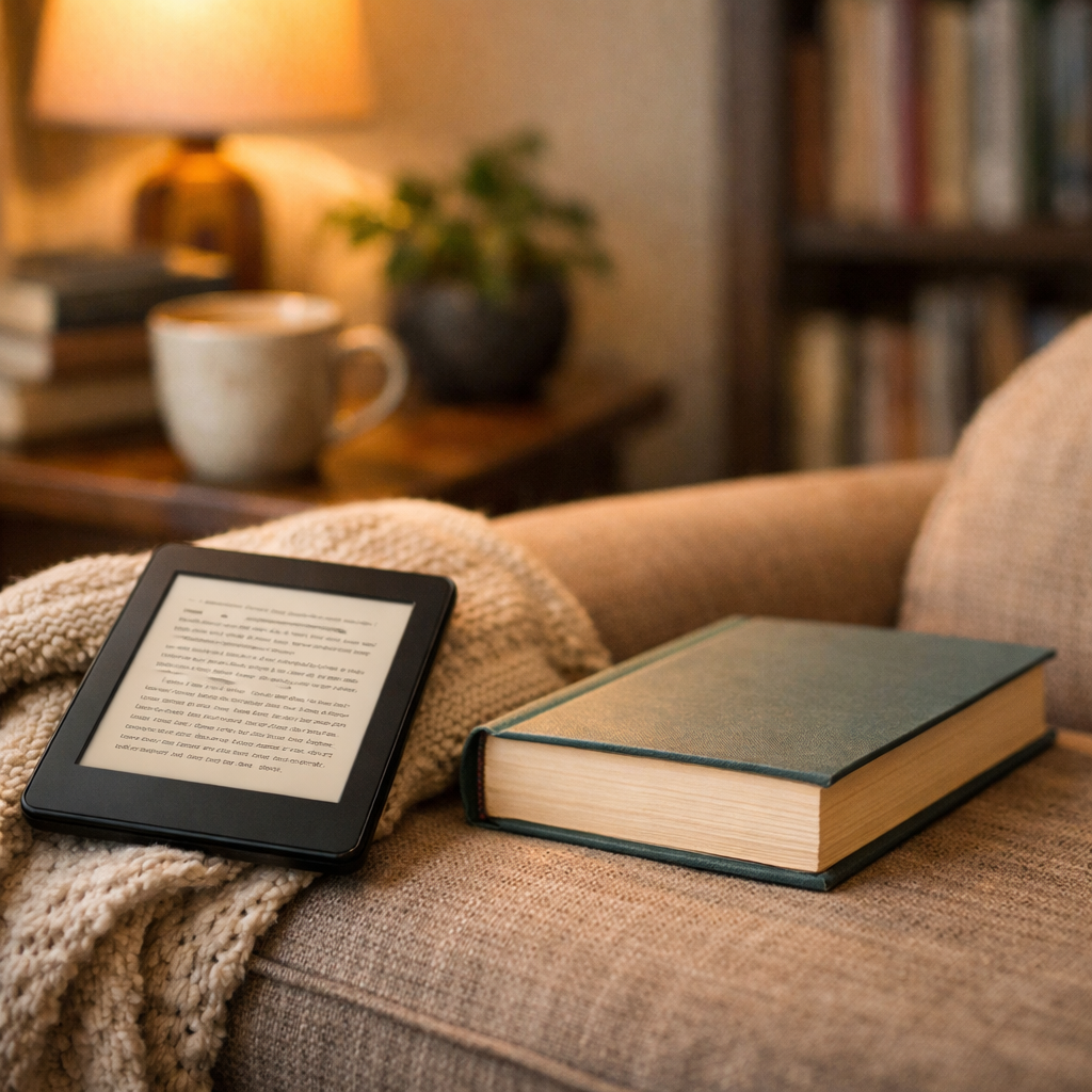 A cozy reading nook with an ereader and a physical book resting together in warm natural light.
