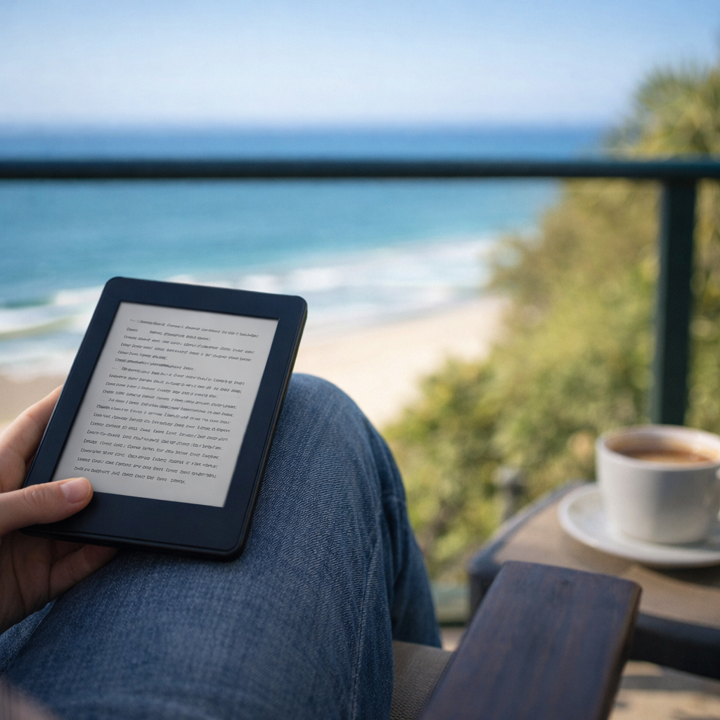 A person reading on an ereader outdoors in soft natural light, showing portable digital reading.