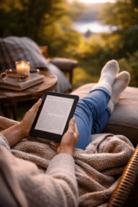 Person relaxing outdoors while reading on an eReader in natural light