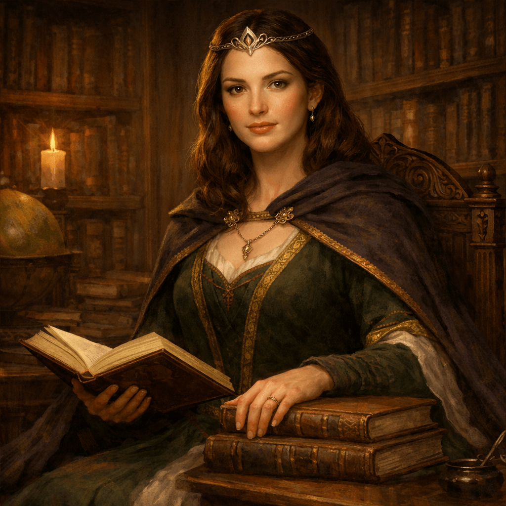 Fantasy queen seated in a library holding books, representing reading guidance, genre context, and long form fantasy storytelling