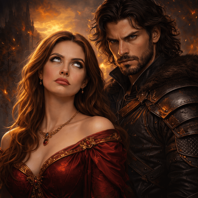 Fantasy romance style illustration of an eye-rolling heroine beside a brooding male hero in dark armor