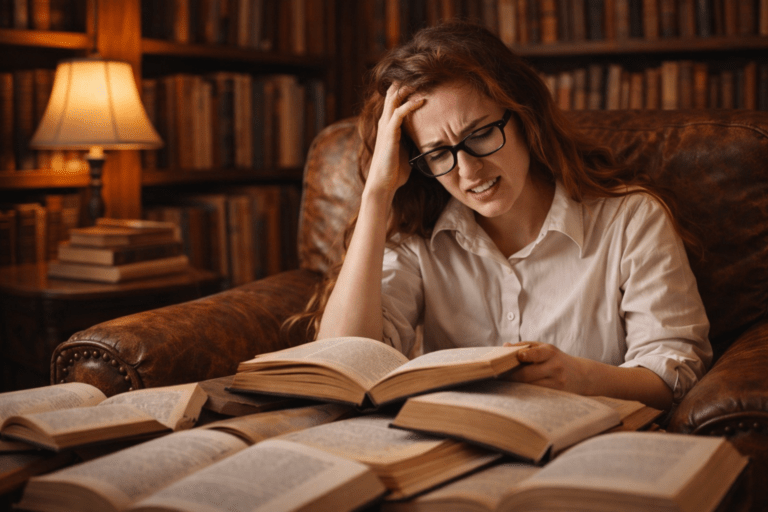 Woman looking frustrated while reading, surrounded by open books in a warm library setting