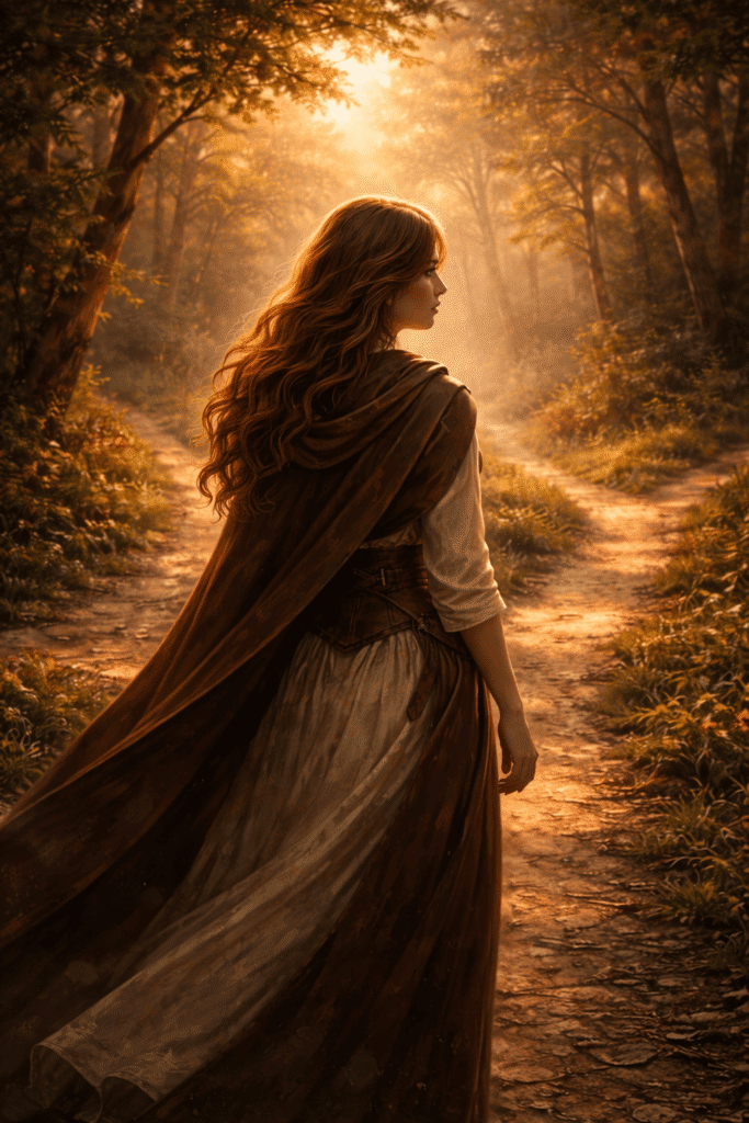Fantasy heroine standing at a crossroads looking ahead, choosing her own path with calm confidence