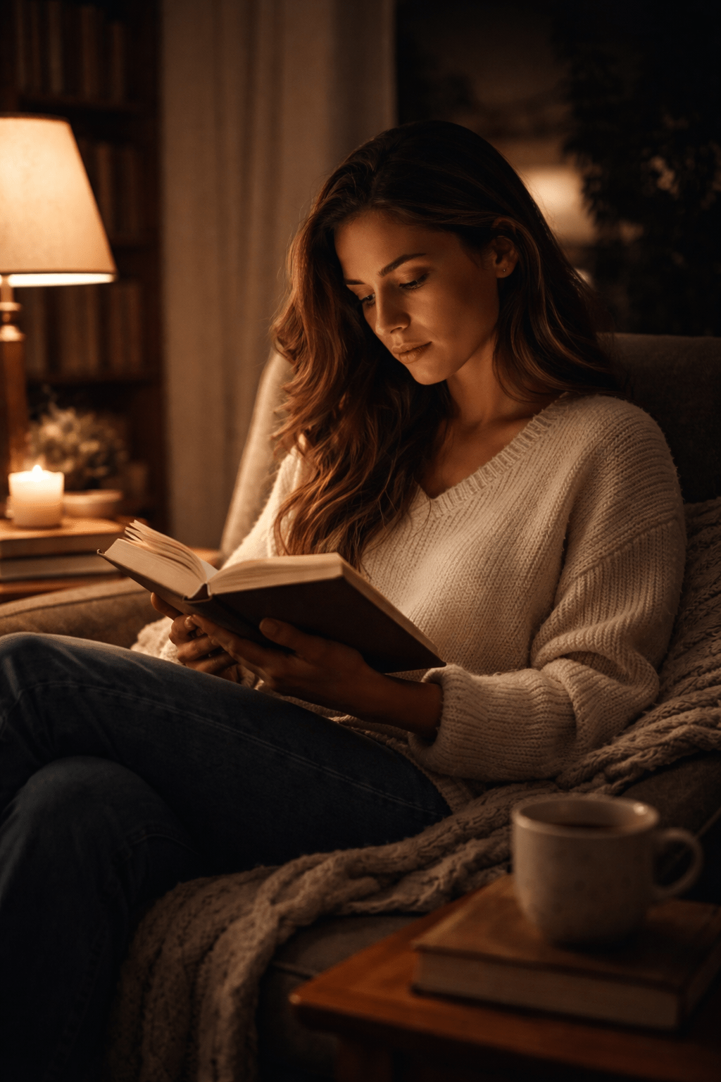 Woman reading a book late at night in a quiet, softly lit room