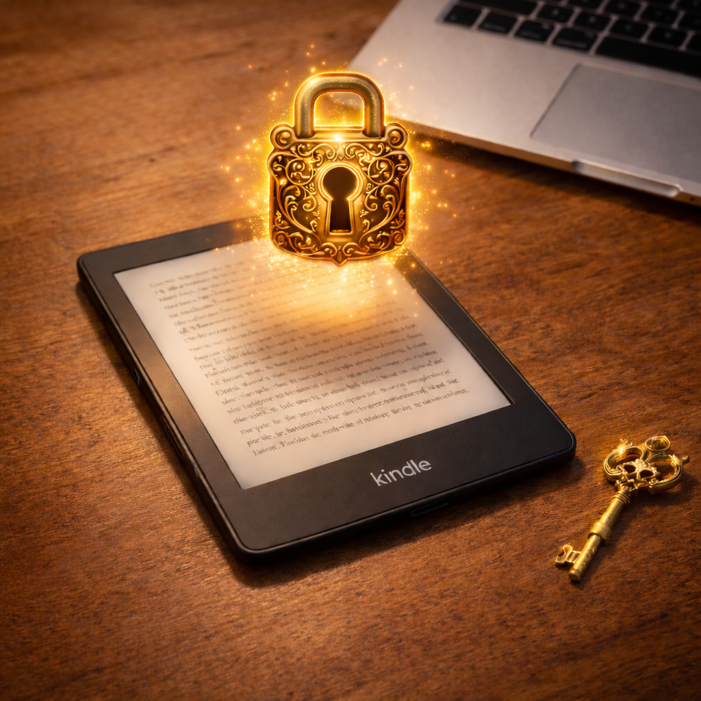 Kindle e-reader on a warm wooden desk with a glowing ornate golden lock floating above the screen and a matching key beside a laptop
