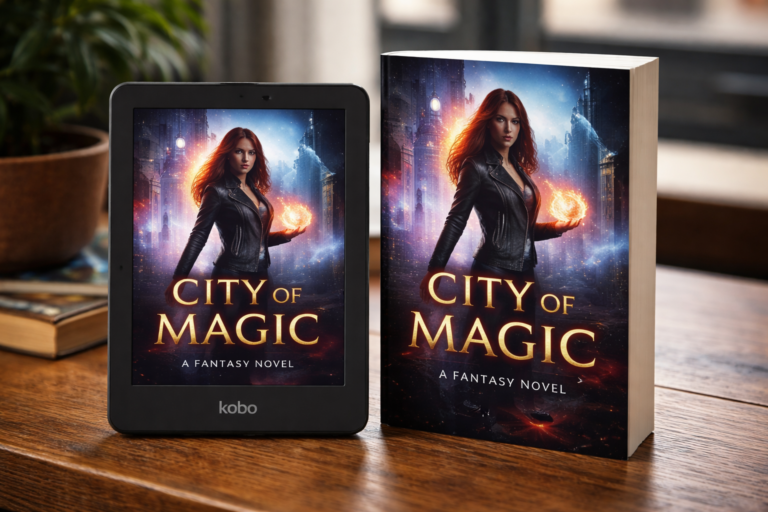 Kobo eReader displaying an urban fantasy cover beside the matching paperback novel on a wooden table