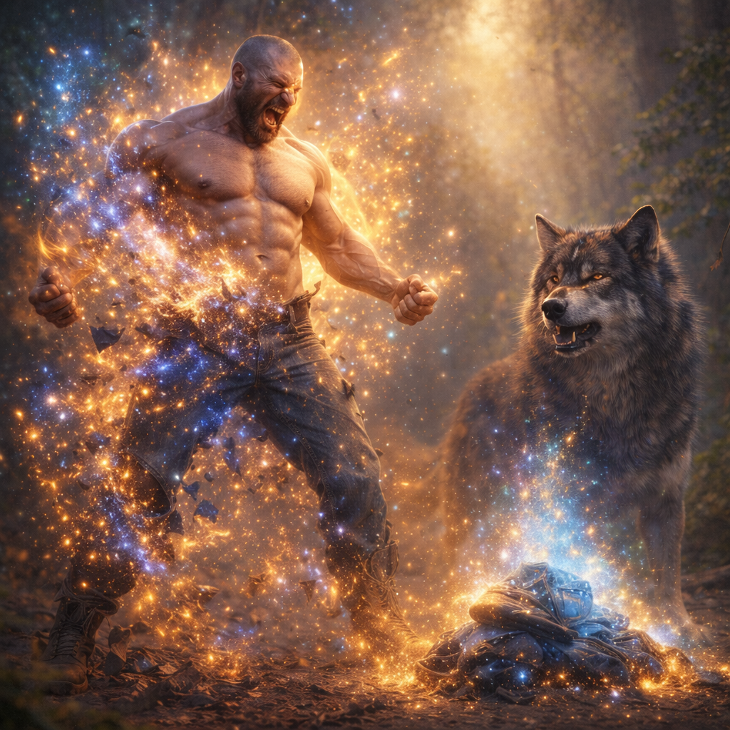 Fantasy illustration of a muscular wolf shifter mid-transformation surrounded by glowing magic while clothes magically reappear beside a wolf in a forest.