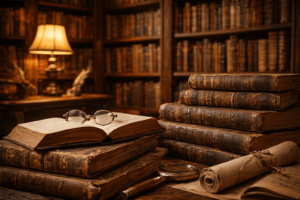 Stack of old leather-bound books in a warm library with an open book and reading glasses