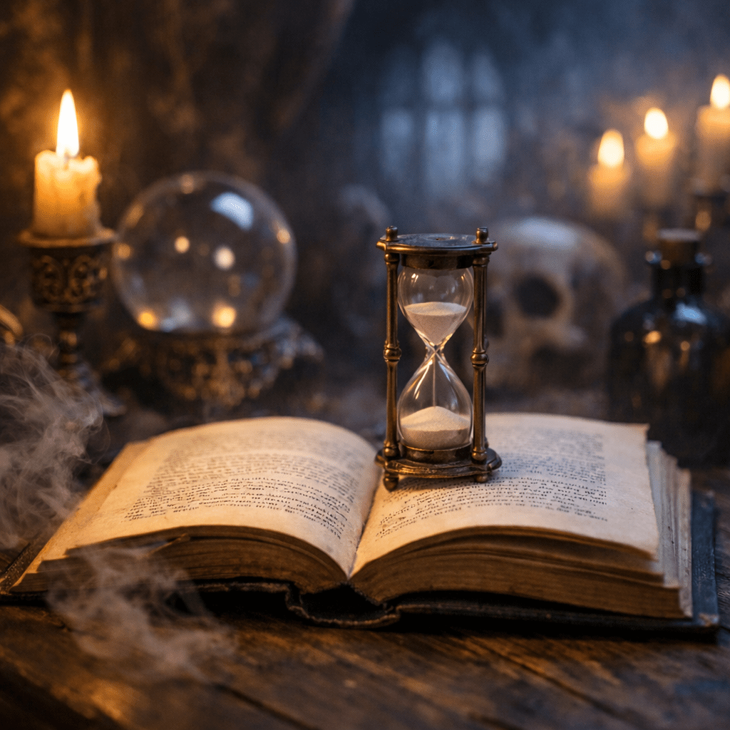 An open fantasy book with an hourglass resting on its pages, surrounded by candles, mist, and gothic objects