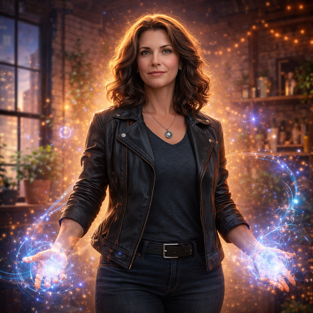A confident midlife heroine in modern clothing stands calmly with subtle magic glowing around her hands.