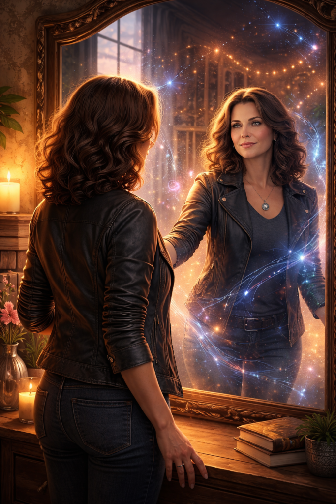 A midlife heroine sees her reflection shift from everyday life to magical power, symbolizing reinvention.