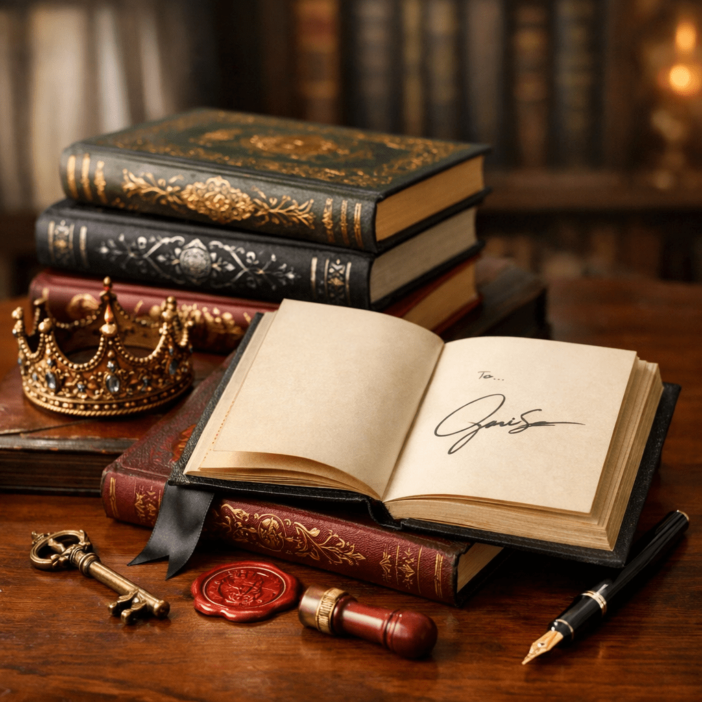 Special edition fantasy hardcovers with gold foiling and a signed title page on a collector’s desk