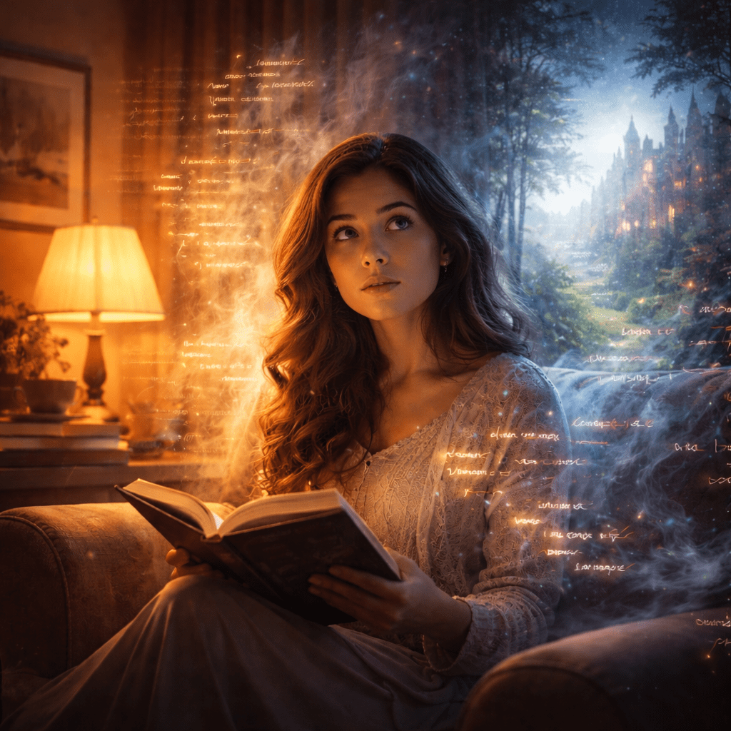 Woman reading while looking distracted as a fantasy world fades behind her and ghostly edited text floats in the air