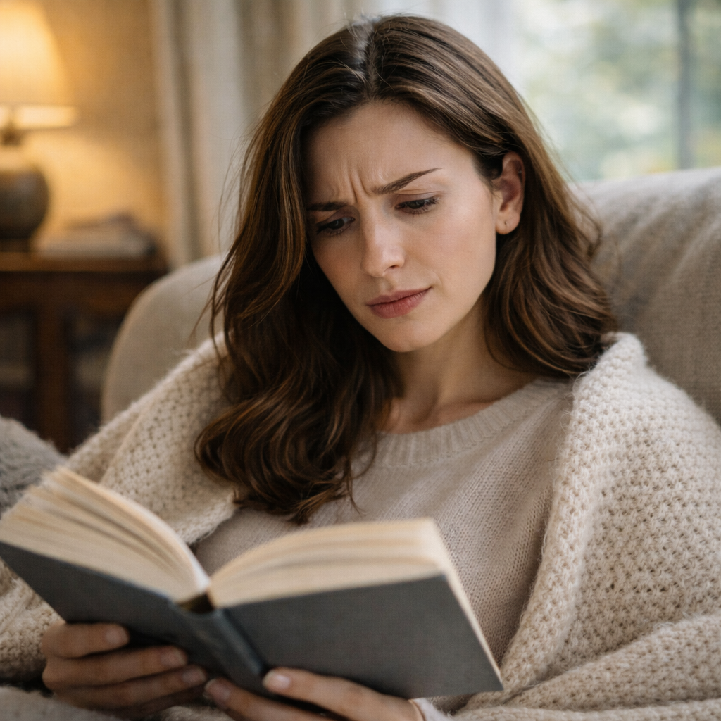 Woman reading a book in a comfortable chair with a slightly confused expression