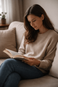 Person holding an open book in soft light showing hesitation while reading