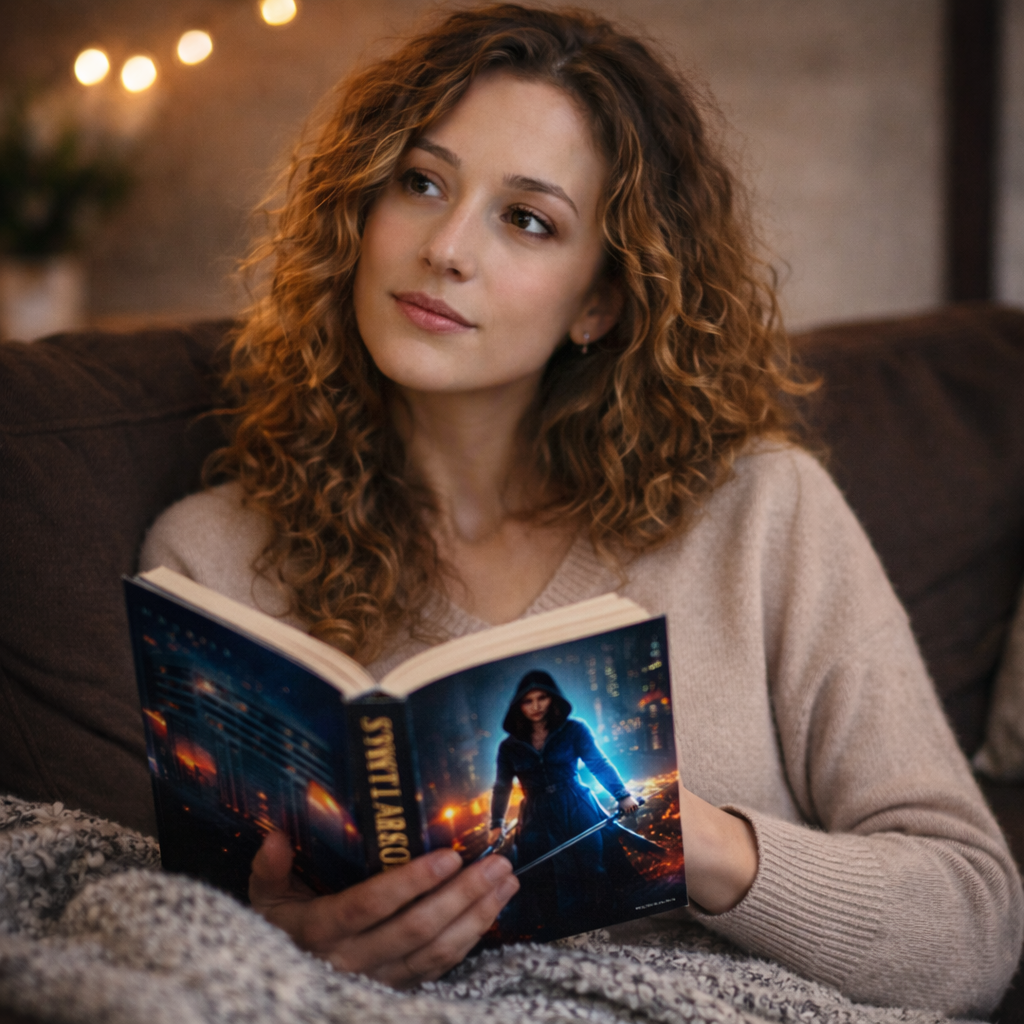 Woman pausing while reading an urban fantasy book on a couch in warm indoor light
