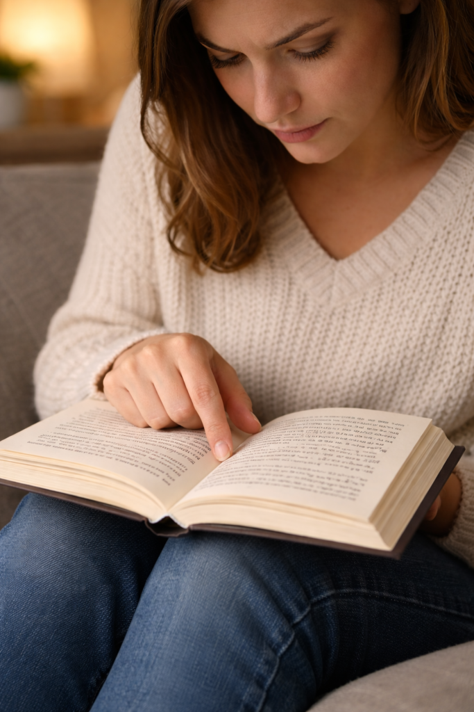 Woman tracing a line in a book with her finger while rereading on a couch