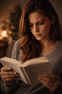 Woman looking frustrated while reading an open book indoors