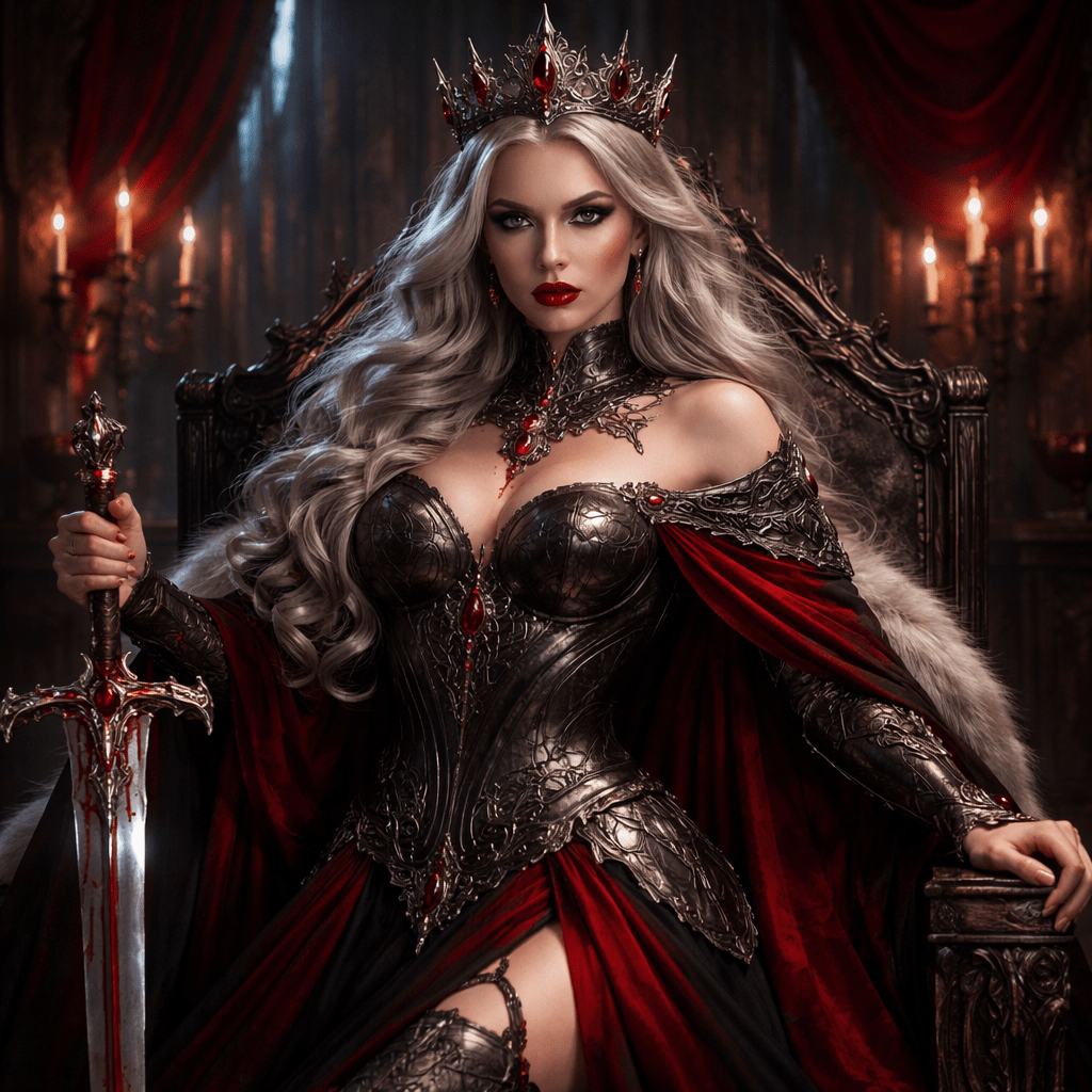 Red Queen fantasy queen on a dark throne with ruby crown and sword, representing strong heroines in fantasy romance