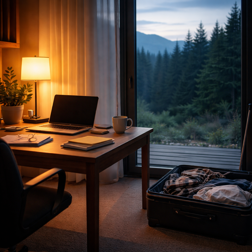 Desk with laptop and work papers beside an open suitcase in an apartment overlooking a forest, symbolizing a shifter romance heroine leaving her career behind