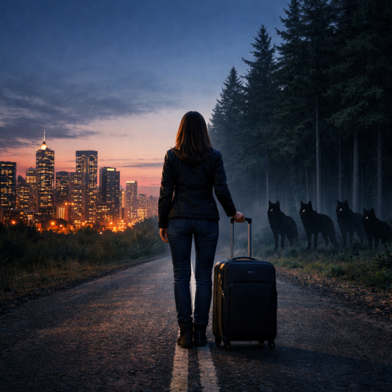 Woman with suitcase standing between city skyline and forest with wolf silhouettes, symbolizing a shifter romance heroine leaving her life for the pack