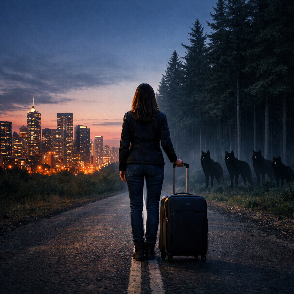 Woman with suitcase standing between city skyline and forest with wolf silhouettes, symbolizing a shifter romance heroine leaving her life for the pack