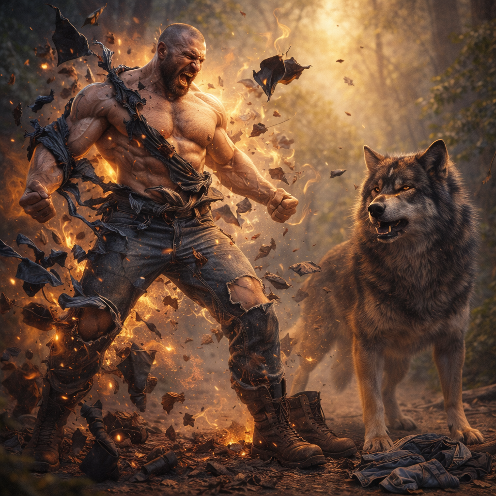 A massive wolf shifter mid-transformation with clothes ripping apart in a forest while a wolf stands beside a pile of shredded clothing.