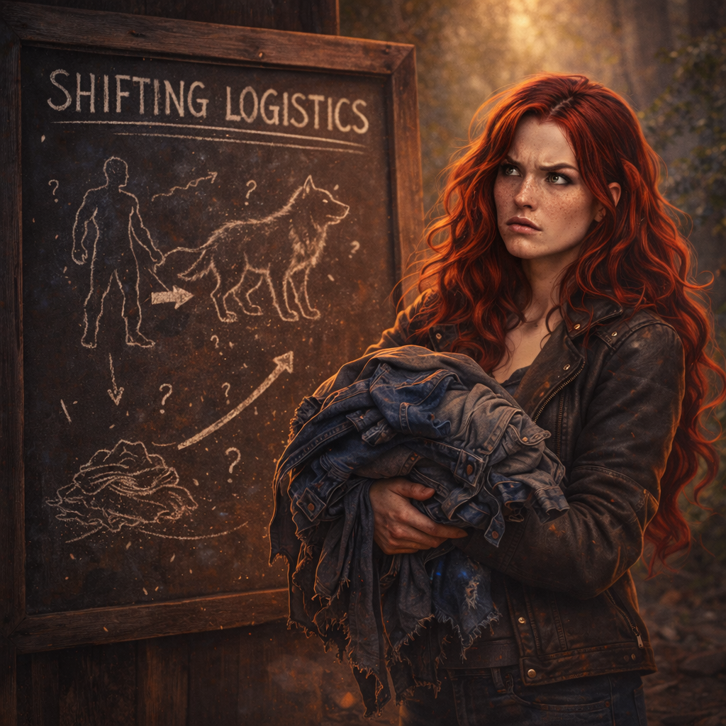 Crimson-haired urban fantasy heroine holding torn clothes while standing beside a chalkboard diagram explaining wolf shifter transformation logistics.