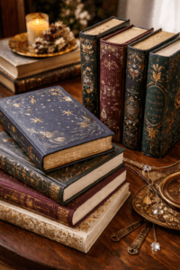 Stack of special edition hardcover books with foiled covers and decorative edges