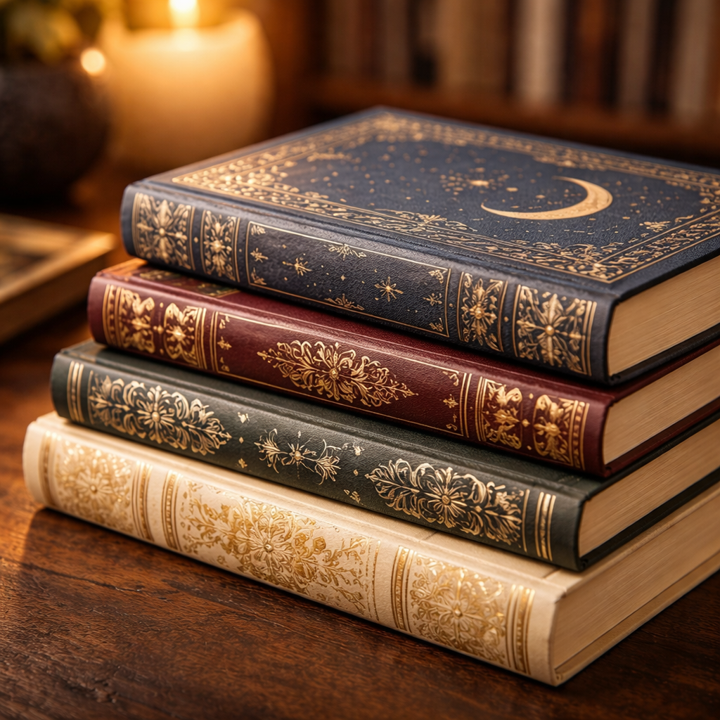 Close-up of special edition hardcover books showing embossed covers, textured paper, and detailed craftsmanship.