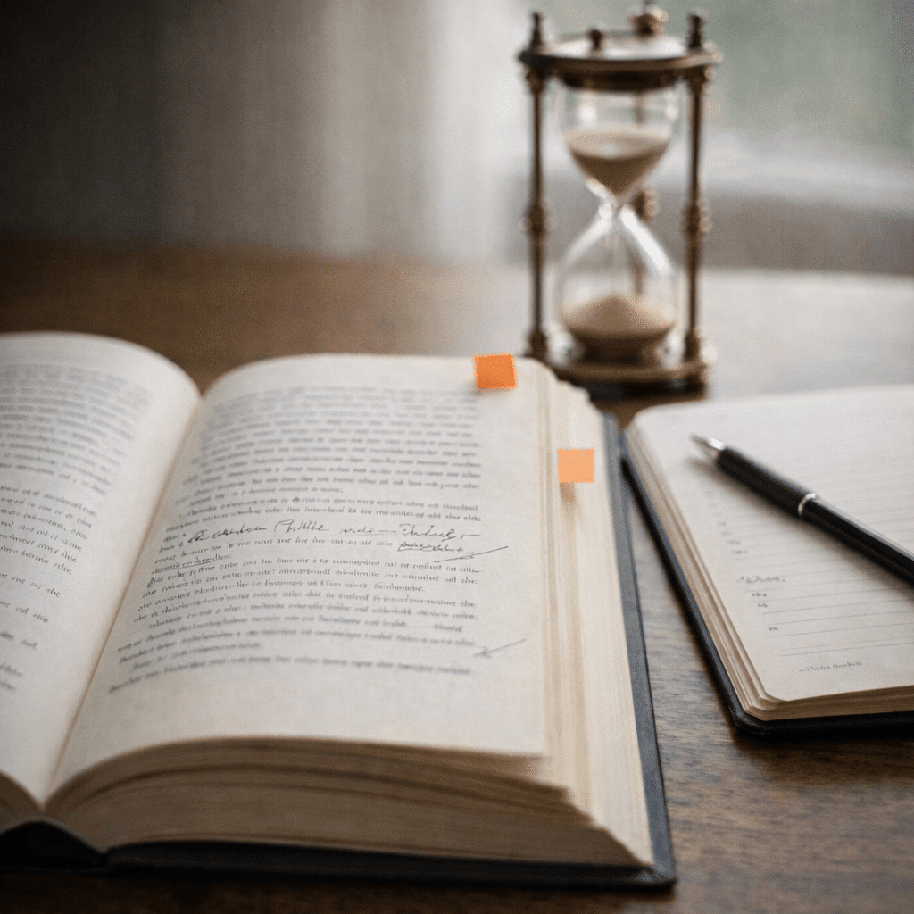 Open book with subtle pencil notes and a decorative hourglass in the background