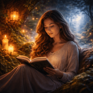 Woman reading peacefully as a glowing fantasy world surrounds her and she remains completely absorbed in the story