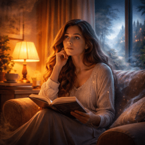 Woman reading by lamplight as a fantasy world fades behind her and she looks up in distracted frustration
