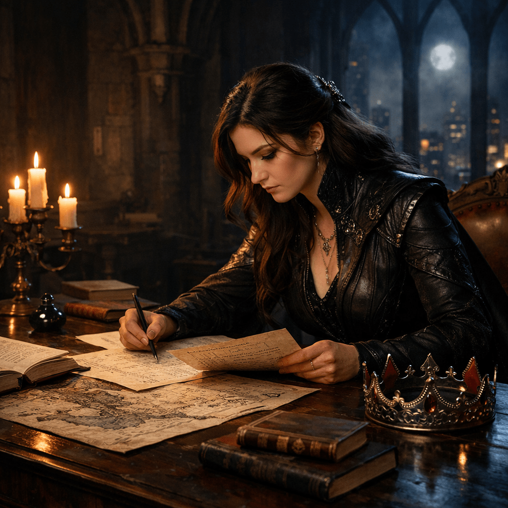 A powerful queen seated at a strategy table covered in maps and books, studying a parchment in a gothic chamber with city lights beyond the windows.
